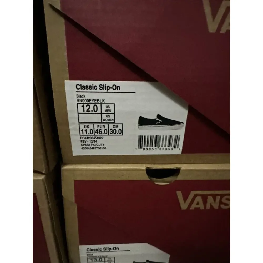 New Men's Size 12 Vans Classic Slip-on Black White VN000EYEBLK